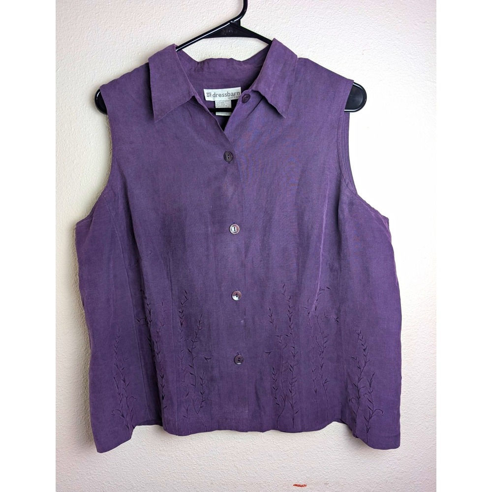 Dressbarn Women 14/16W Purple Embroidered 70% Silk 30% Linen Blouse 90's style
